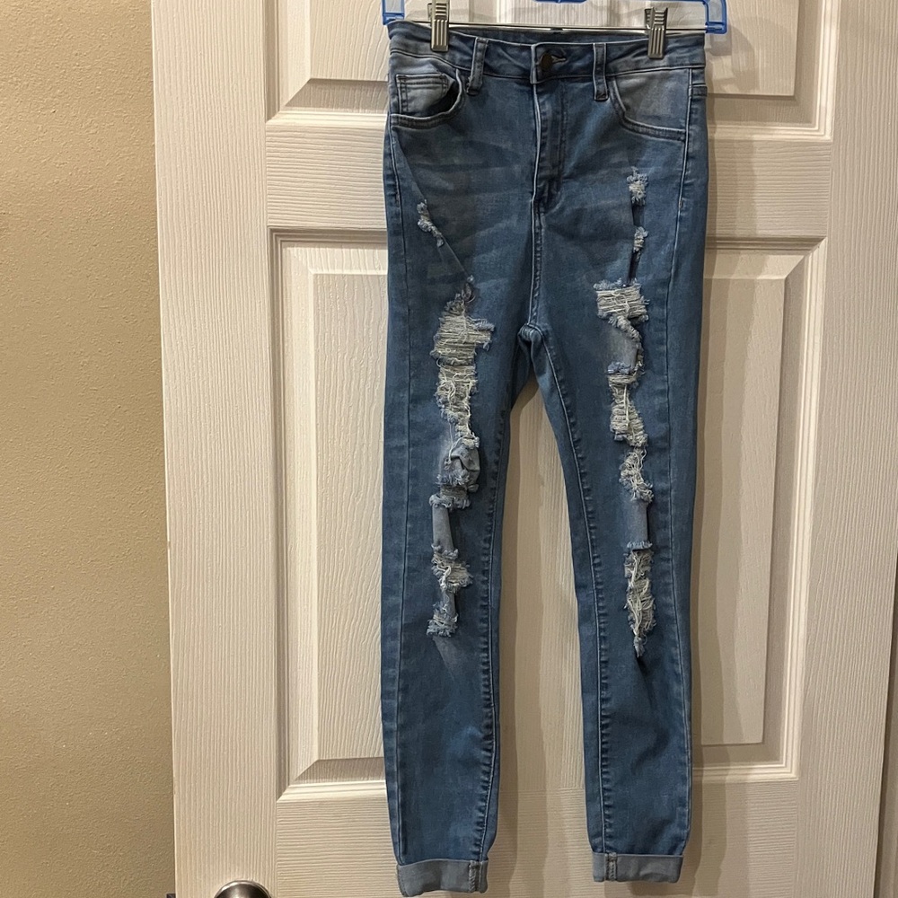 SHEIN Ripped Light Blue Skinny Jeans